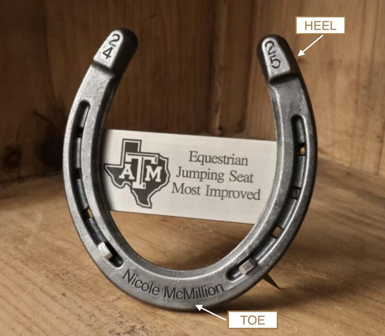 May include: A silver horseshoe with the numbers 24 and 25 stamped on the heels. The horseshoe holds a white card with the text "Equestrian Jumping Seat Most Improved" and the name "Nicole McMillion" engraved on the toe.