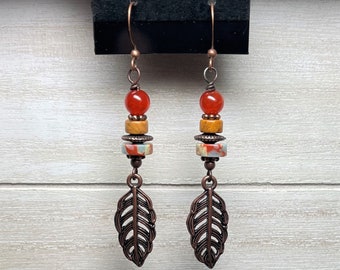 Handmade Fall Earrings, Copper Leaf Earrings, Autumn Earrings, Gemstone Earrings, Copper Dangles, Dangle Earrings, Everyday Earrings