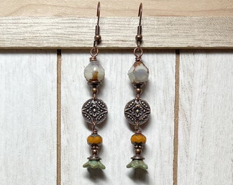 Boho Long Dangle Earrings, Bohemian Style Earrings, Boho Copper Earrings, Czech Glass Beaded Earrings, Flower Earrings, Earthy Rustic Vibes