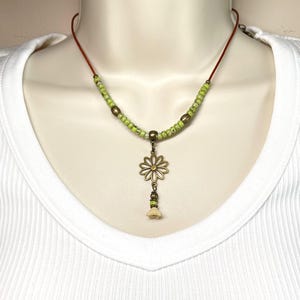 Leather and Picasso Seed Bead Necklace, Bronze Flower Choker Necklace, Casual Boho Necklace, Boho Hippie Necklace, Jewelry Gift Idea