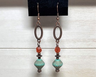 Beaded Czech Glass Dangle Earrings, Long Boho Earrings, Bohemian Earrings, Boho Chic Earrings, Jewelry Gift Idea For Women, Copper Earrings