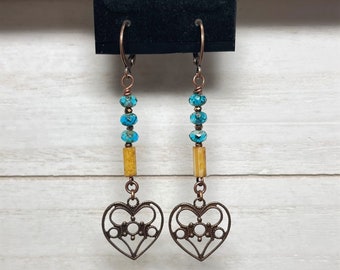 Boho Dangle Earrings With Rustic Brass Hearts, Lightweight Beaded Earrings, Heart Earrings, Heart Dangles