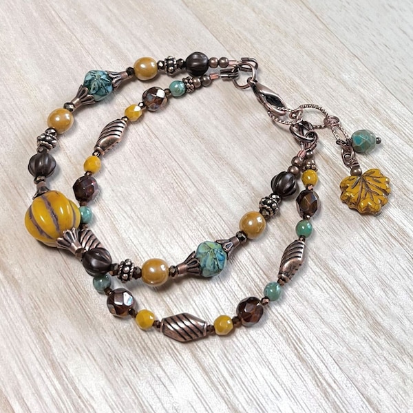 Rustic Boho Bracelet in Warm Autumn Colors, Fall Jewelry, Fall Bracelet, Czech Glass Bracelet, Rustic Earthy Jewelry, Layering Bracelet