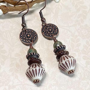 Rustic Earthy Bohemian Style Dangle Earrings, Casual Everyday Boho Earrings, Beaded Boho Earrings, Copper and Czech Glass Earrings