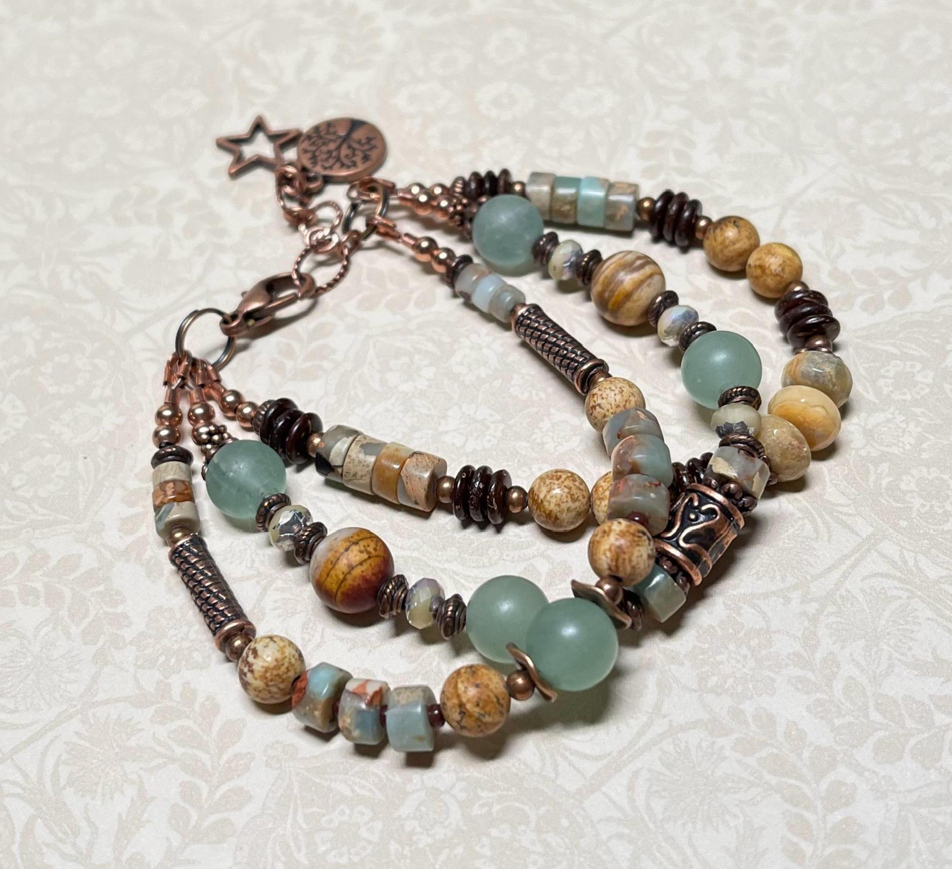 Three Strand Gemstone Bracelet in Earthy Colors, Beaded Boho Handmade Bracelet, Layered Bracelet, Stacked Bracelet, Bohemian Style Bracelet