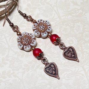 Red and White Vintage Style Earrings, Copper Heart Dangle Earrings, Bohemian Earrings, Casual to Dressy Earrings, Czech Flower Earrings