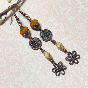 Boho Long Dangle Earrings, Copper Flower Earrings, Bohemian Style Earrings, Czech Glass Earrings, Earthy Rustic Vibes, Jewelry Gift For her