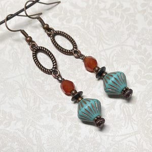 Beaded Czech Glass Dangle Earrings, Long Boho Earrings, Bohemian Earrings, Boho Chic Earrings, Jewelry Gift Idea For Women, Copper Earrings