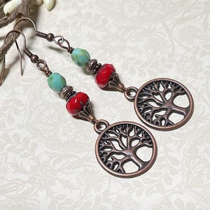 Tree of Life Earrings, Copper Earrings, Boho Earrings, Bohemian Earrings, Dangle Earrings, Handmade Beaded Earrings