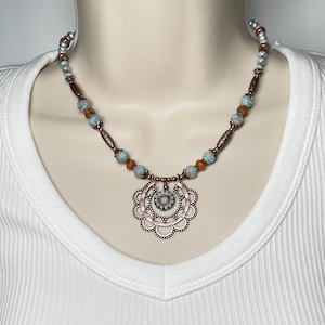 Bohemian Necklace, Copper Necklace, Flower Pendant Necklace, Boho Chic Necklace, Czech Glass Necklace, Holiday Gift Idea For Women