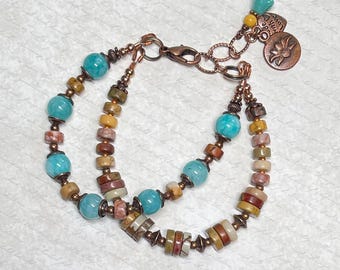 Boho Quartzite & Jasper Beaded Bracelet: Double Strand Copper Jewelry
