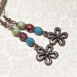 Rustic Boho Hippie Dangle Earrings With Copper Flower Charms, Czech Glass and Copper Earrings, Copper Flower Earrings, Bohemian Earrings