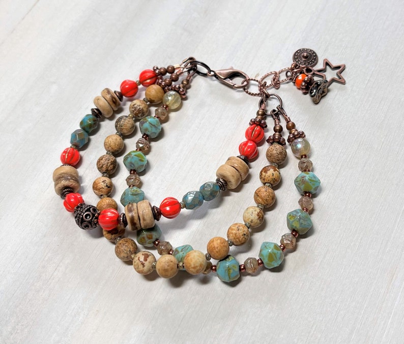 Boho Style Three Strand Layered Bracelet, Boho Beaded Bracelet, Gemstone and Czech Glass Bracelet, Everyday Bracelet, Rustic Earthy Jewelry image 5