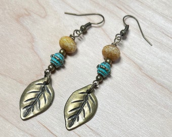 Antique Bronze Leaf Earrings, Bohemian Earrings, Boho Dangle Earrings, Beaded Earrings, Fall Earrings, Autumn Earrings, Czech Glass Earrings