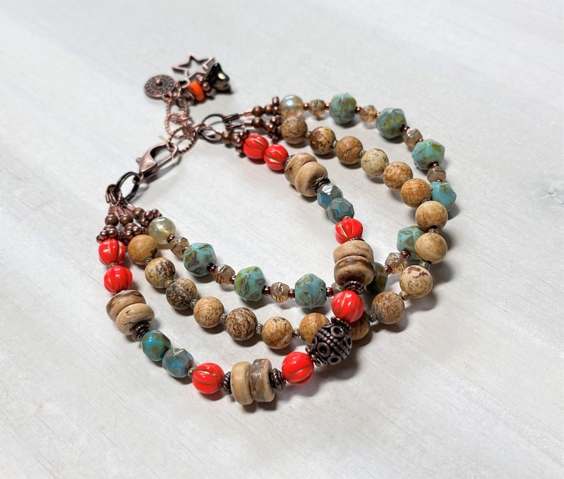 Boho Style Three Strand Layered Bracelet, Boho Beaded Bracelet, Gemstone and Czech Glass Bracelet, Everyday Bracelet, Rustic Earthy Jewelry image 6