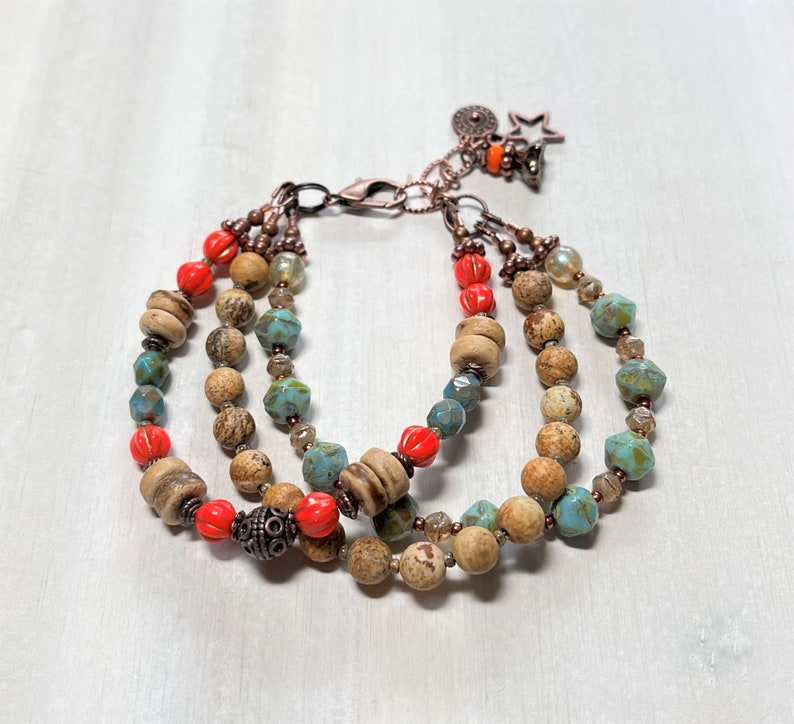 Boho Style Three Strand Layered Bracelet, Boho Beaded Bracelet, Gemstone and Czech Glass Bracelet, Everyday Bracelet, Rustic Earthy Jewelry image 9