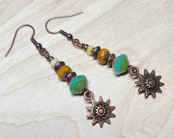 Antique Copper Sun Charm Earrings, Beaded Boho Earrings, Czech Glass Earrings, Vintage Style Earrings, Bohemian Earrings, Rustic Vibes