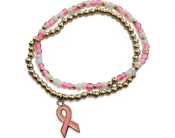 Breast Cancer Awareness Bracelet | Pink Ribbon, Gold Beads