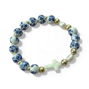 Blue and white Chinoiserie Rosary Bracelet, Catholic Prayer Bracelet, Christian Gift for women, Faith jewelry