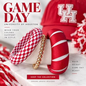 Red & White Game Day Bangle Stack| Ribbon Wrapped Bracelet | College Football Jewelry | Stackable Bangles | Team Spirit Gift