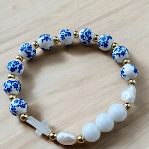 Blue and white Chinoiserie Rosary Bracelet, Catholic Prayer Bracelet, Christian Gift for women, Faith jewelry