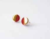 Gold and red circle porcelain and sterling silver stud earrings - Ready to dispatch