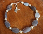 26 inch long Natural Grey Agate White Pearls 26 inch long Statement Necklace Free Shipping to USA Gift
