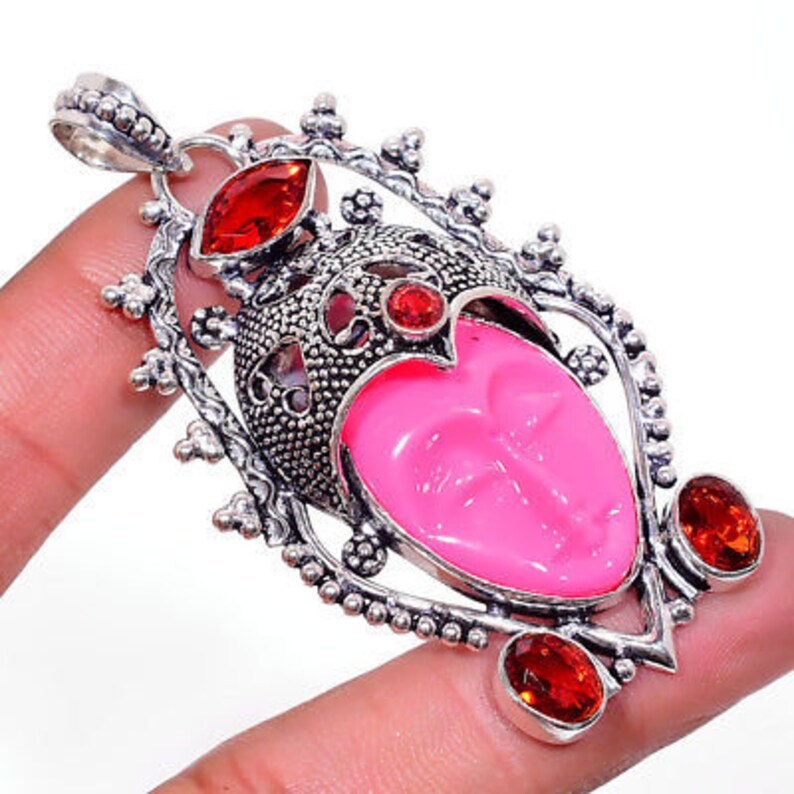Pink Agate Carved Face Red Garnet Quartz Goddess Gemstone Pendant Carved Goddess Face Gemstone 925 Sterling Silver Pendant