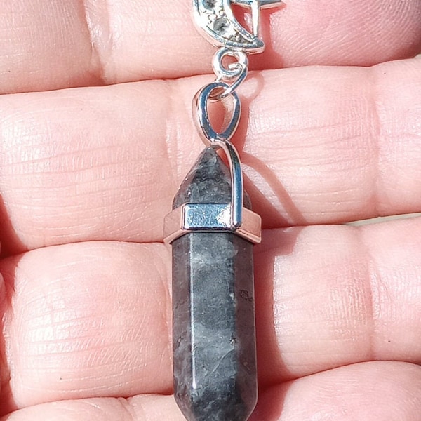 Natural  Larvikite Black with Silvery Gray Gemstone  Moon and Star Pendant
