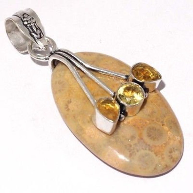 Natural Coral Fossil with Citrine  Multi Gemstone Sterling Silver Pendant