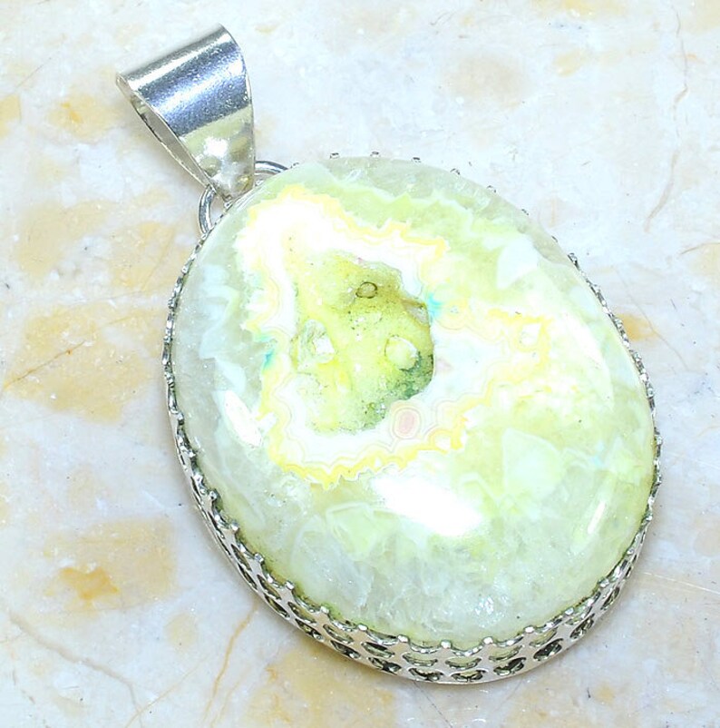 Natural Agate Druzy Geode Slice Gemstone 925 Sterling Silver Pendant