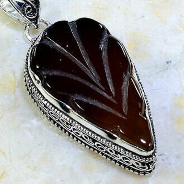 Yellow Madagascar Agate  Carved Leaf Gemstone 925 Sterling Silver Pendant