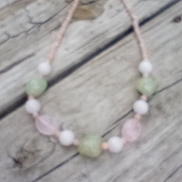 Unique Natural Prehnite / Rose Quartz and Pink Jade/ Multi Gemstone Necklace/ 20 Inch long Statement Necklace