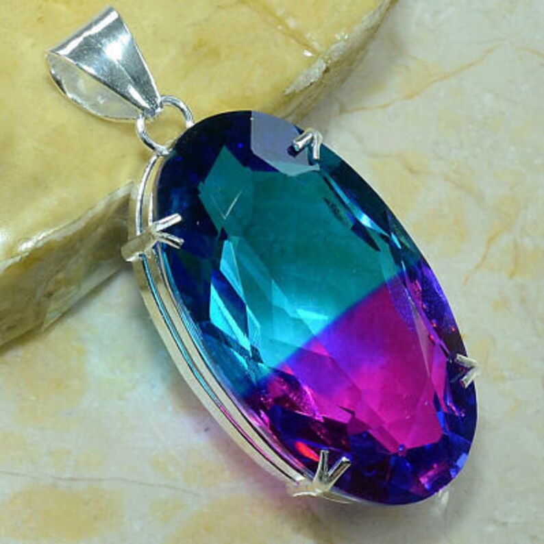 Ametrine Quartz Gemstone Sterling Silver Pendant Your Choice of Blue and Pink or Green and Yellow