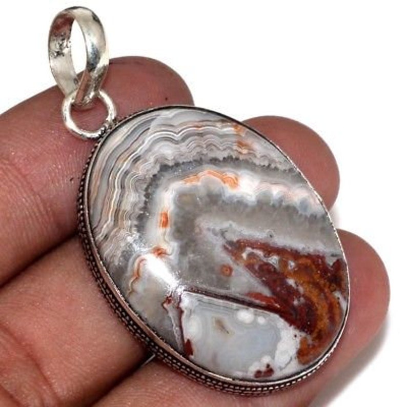 Mexican Laguna Crazy Lace Agate Gemstone Sterling Silver Pendant