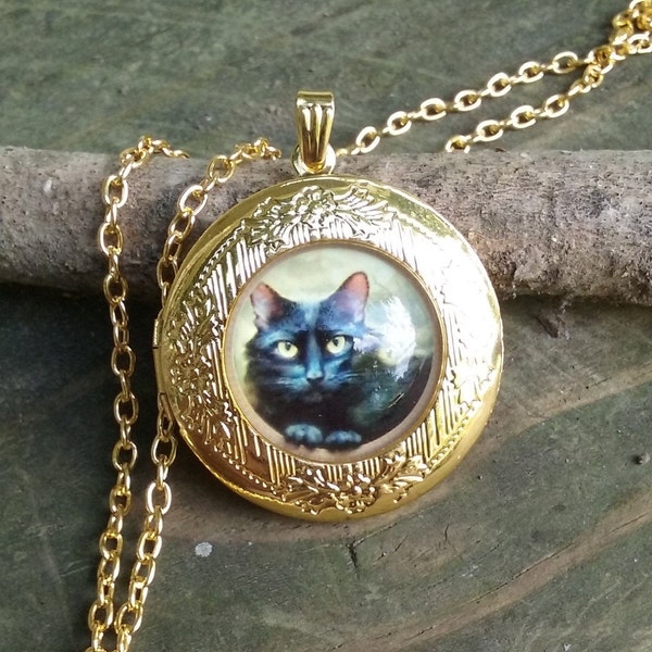 Black Cat Golden Locket Pendant/ Keepsake Locket/ Cat Lovers Locket/ Gift