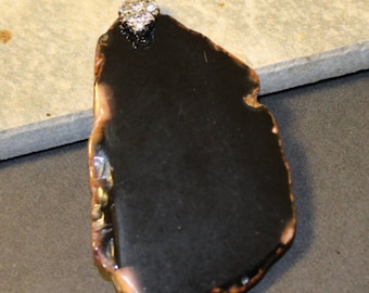2 1/2 inch long Black Madagascar Agate  Freeform Gemstone  Silver Pendant with Rhinestones    Black Agate with Brown Edges