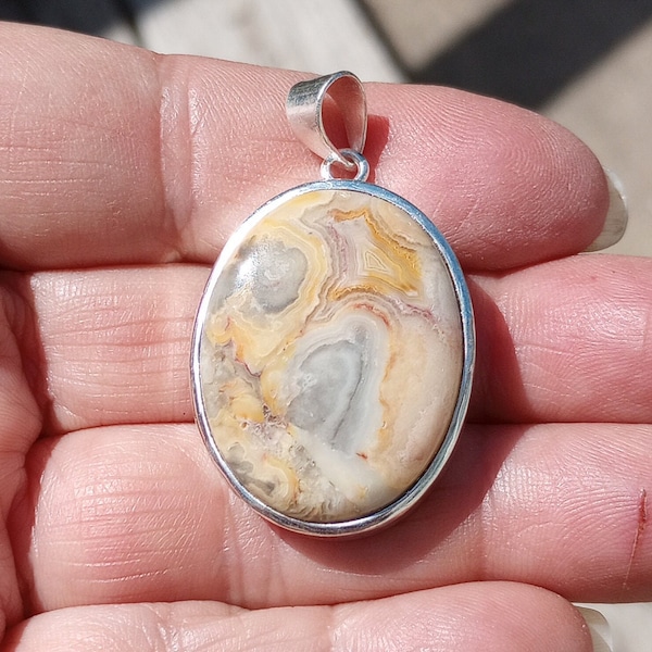 Natural Crazy Lace Agate / Yellow and Gray  Gemstone /925 Sterling Silver  Pendant