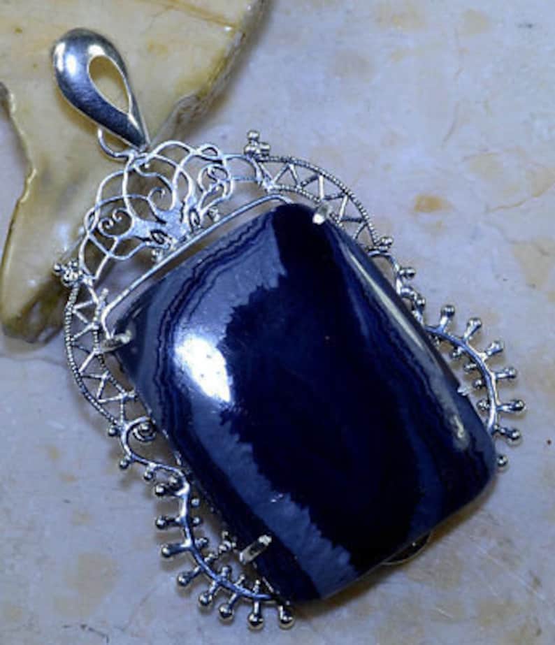MASSIVE Natural Black Botswana Agate Druzy Gemstone 925 Sterling Silver Pendant 4 inch long Agate Druzy