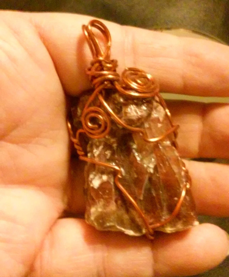 Natural Brown Calcite Raw Cut Gemstone Amber Wire Wrapped Pendant