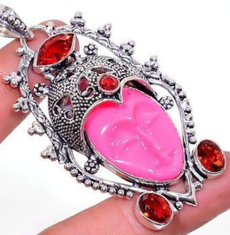 Pink Agate Carved Face Red Garnet Quartz Goddess Gemstone Pendant Carved Goddess Face Gemstone 925 Sterling Silver Pendant