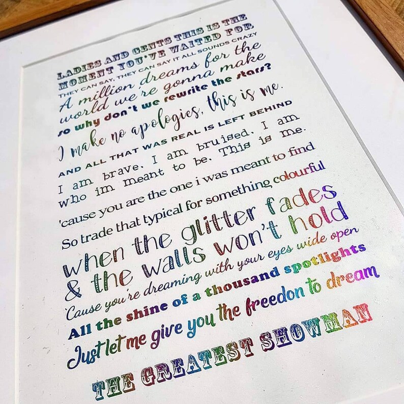 The Greatest Showman Print Song Lyrics Rainbow Foil Art. A4 | Etsy