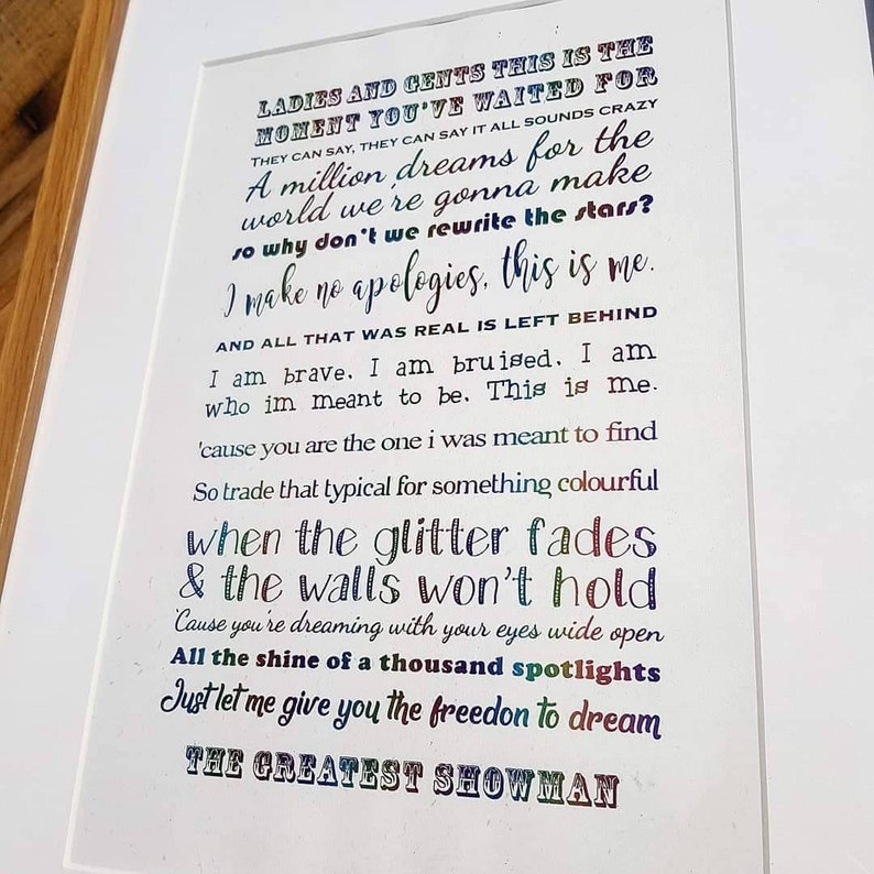 The Greatest Showman Print Song Lyrics Rainbow Foil Art. A4 | Etsy