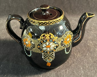 Vintage Tea Pot Dark Brown w Hand Painted Design and Gold Trim, England