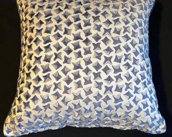Brand New Designer Throw Pillow - Steel Blue Raised Velvet On Ecru Woven Ground