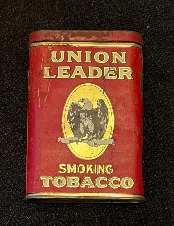 union leader smoking tobacco tin | 14 oz lever-lid can | bright red tin litho Union Leader Advertising Tobacco Tin