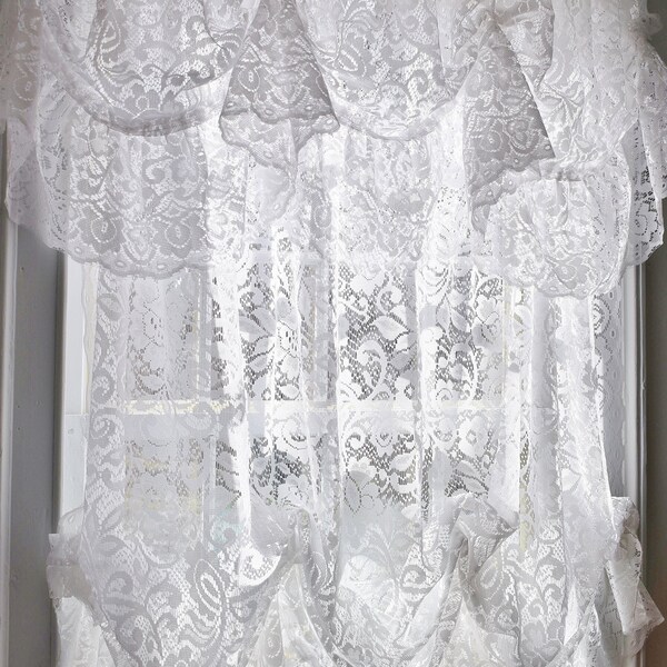 White Lace Balloon Curtain and Valance Set, Ruffled Floral Lace Semi Sheer Panel, Adjustable Length French Country Cottage Chic Window Cover