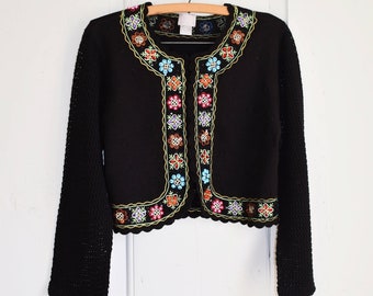 Beaded Jeweled Bolero Jacket, Black Bolero Sweater, Berek Boho Chic Sequined Knit Shrug, Wedding Dinner Party Gala