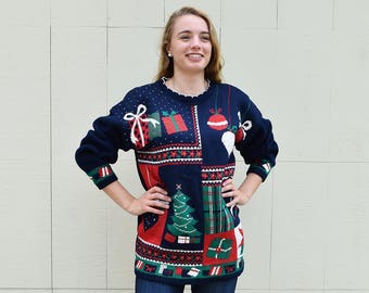 Festive Christmas Sweater, Presents Ornaments Tree Navy Christmas Sweater, Not so Ugly Christmas Sweater Party, Vintage Holiday Sweater