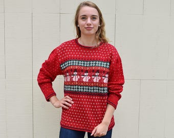Snowman Snowflake Christmas Sweater, Vintage Red White Green Nordic Style Not so Ugly Christmas Sweater, Holiday Sweater